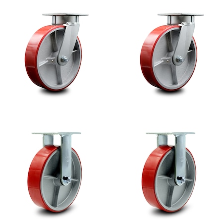 Service Caster 8 Inch Kingpinless Red Poly on Steel Wheel Swivel Caster Swivel 2 Rigid, 2PK SCC-KP30S820-PUR-RS-2-R-2